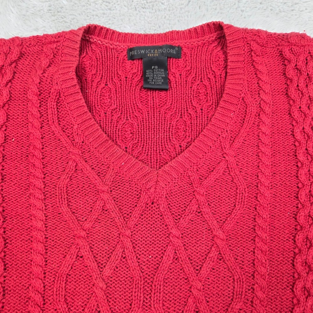 Preswick & Moore V-Neck Cable Knit Sweater Women PS Petite Textured Red Pullover